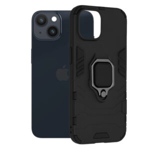 Husa COMANDO Armor Ring compatibila cu iPhone 14, Tactical Defense Protect, Hybrid Antishock, Placuta metalica integrata pentru prindere suport auto, Inel rotativ 360 grade, PVC si PC, Negru