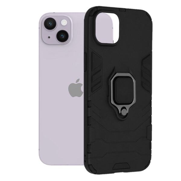 Husa COMANDO Armor Ring compatibila cu iPhone 14 Plus, Tactical Defense Protect, Hybrid Antishock, Placuta metalica integrata pentru prindere suport auto, Inel rotativ 360 grade, PVC si PC, Negru