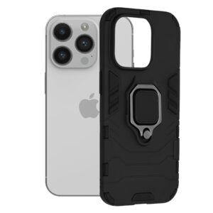 Husa COMANDO Armor Ring compatibila cu iPhone 14 Pro, Tactical Defense Protect, Hybrid Antishock, Placuta metalica integrata pentru prindere suport auto, Inel rotativ 360 grade, PVC si PC, Negru