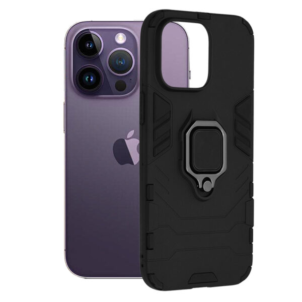 Husa COMANDO Armor Ring compatibila cu iPhone 14 Pro Max, Tactical Defense Protect, Hybrid Antishock, Placuta metalica integrata pentru prindere suport auto, Inel rotativ 360 grade, PVC si PC, Negru