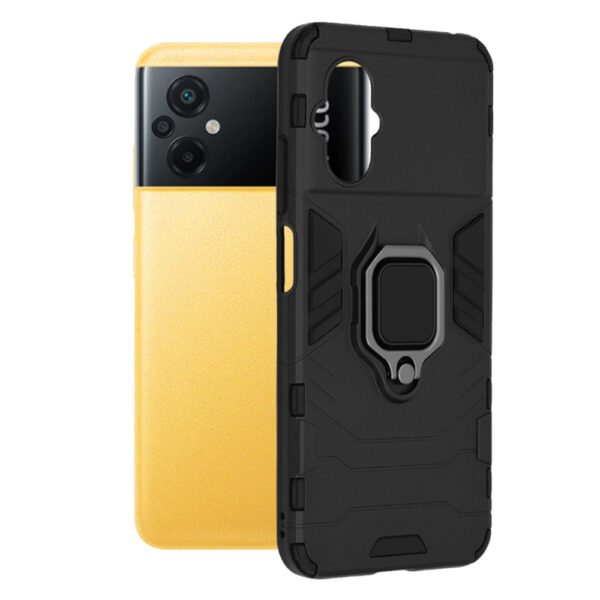 Husa COMANDO Armor Ring compatibila cu Xiaomi Poco M5, Tactical Defense Protect, Hybrid Antishock, Placuta metalica integrata pentru prindere suport auto, Inel rotativ 360 grade, PVC si PC, Negru