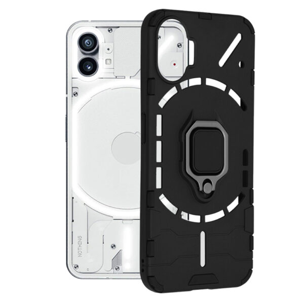 Husa COMANDO Armor Ring compatibila cu Nothing Phone (1), Tactical Defense Protect, Hybrid Antishock, Placuta metalica integrata pentru prindere suport auto, Inel rotativ 360 grade, PVC si PC, Negru