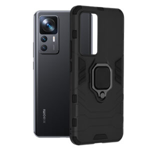 Husa COMANDO Armor Ring compatibila cu Xiaomi 12T/ 12T Pro, Tactical Defense Protect, Hybrid Antishock, Placuta metalica integrata pentru prindere suport auto, Inel rotativ 360 grade, PVC si PC, Negru