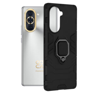 Husa COMANDO Armor Ring compatibila cu Huawei Nova 10, Tactical Defense Protect, Hybrid Antishock, Placuta metalica integrata pentru prindere suport auto, Inel rotativ 360 grade, PVC si PC, Negru