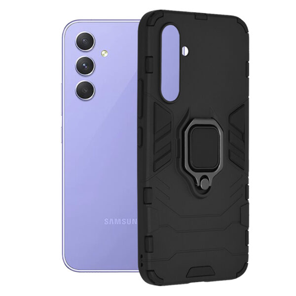 Husa COMANDO Armor Ring compatibila cu Samsung Galaxy A54, Tactical Defense Protect, Hybrid Antishock, Placuta metalica integrata pentru prindere suport auto, Inel rotativ 360 grade, PVC si PC, Negru