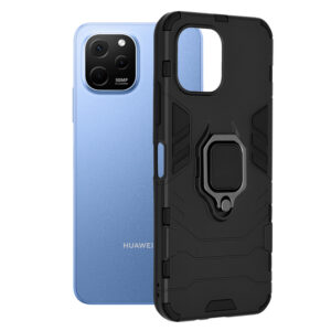 Husa COMANDO Armor Ring compatibila cu Huawei Nova Y61, Tactical Defense Protect, Hybrid Antishock, Placuta metalica integrata pentru prindere suport auto, Inel rotativ 360 grade, PVC si PC, Negru