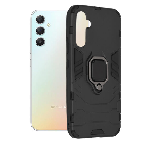 Husa COMANDO Armor Ring compatibila cu Samsung Galaxy A34 5G, Tactical Defense Protect, Hybrid Antishock, Placuta metalica integrata pentru prindere suport auto, Inel rotativ 360 grade, PVC si PC, Negru