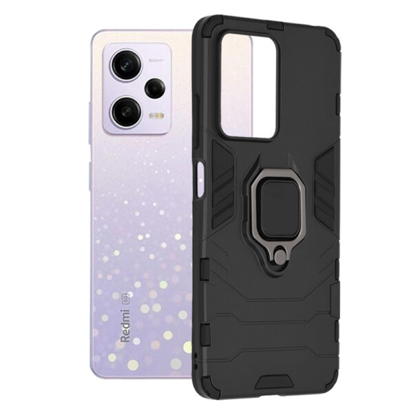 Husa COMANDO Armor Ring compatibila cu Xiaomi Redmi Note 12 Pro/ Poco X5 Pro, Tactical Defense Protect, Hybrid Antishock, Placuta metalica integrata pentru prindere suport auto, Inel rotativ 360 grade, PVC si PC, Negru