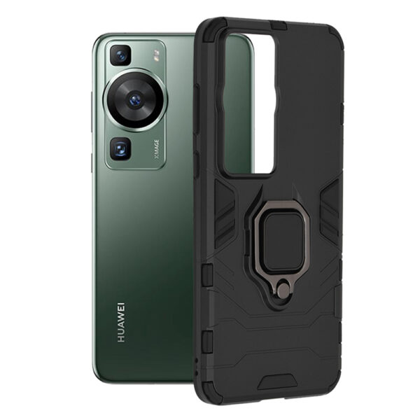 Husa COMANDO Armor Ring compatibila cu Huawei P60/ P60 Pro, Tactical Defense Protect, Hybrid Antishock, Placuta metalica integrata pentru prindere suport auto, Inel rotativ 360 grade, PVC si PC, Negru