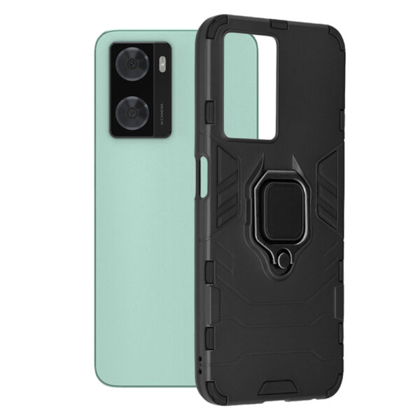 Husa COMANDO Armor Ring compatibila cu Oppo A57 4G/ A57s/ OnePlus Nord N20 SE, Tactical Defense Protect, Hybrid Antishock, Placuta metalica integrata pentru prindere suport auto, Inel rotativ 360 grade, PVC si PC, Negru