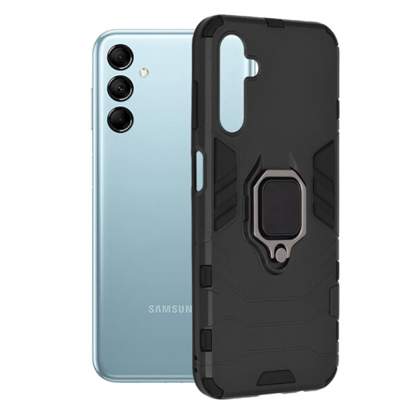 Husa COMANDO Armor Ring compatibila cu Samsung Galaxy M14, Tactical Defense Protect, Hybrid Antishock, Placuta metalica integrata pentru prindere suport auto, Inel rotativ 360 grade, PVC si PC, Negru