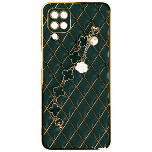 Husa telefon, Compatibila cu Samsung Galaxy A12 / M12, GoldChain Style Deluxe, Protectie la camere, Lant incorporat, Design trendy, Accente aurii, Verde