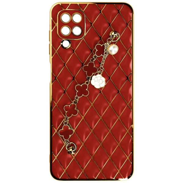 Husa telefon, Compatibila cu Samsung Galaxy A12 / M12, GoldChain Style Deluxe, Protectie la camere, Lant incorporat, Design trendy, Accente aurii, Rosu