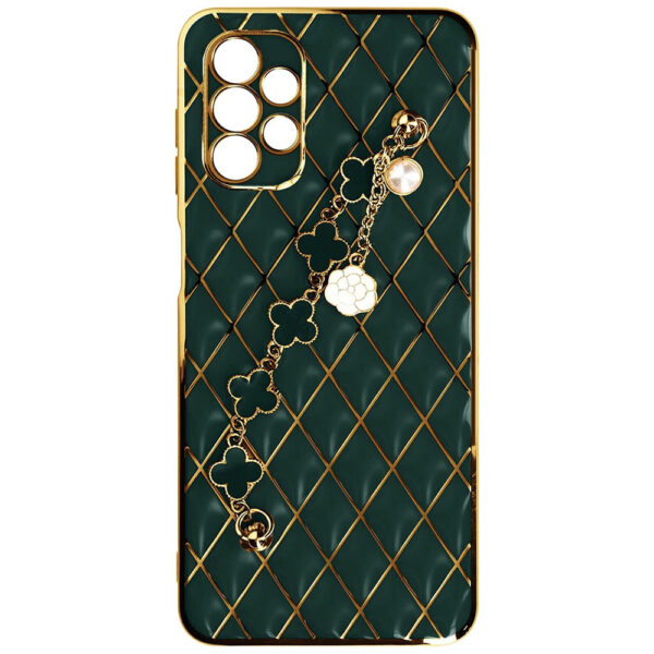 Husa telefon, Compatibila cu Samsung Galaxy A32 5G, GoldChain Style Deluxe, Protectie la camere, Lant incorporat, Design trendy, Accente aurii, Verde