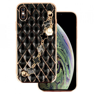 Husa telefon, Compatibila cu Apple iPhone X / XS, GoldChain Style Deluxe, Protectie la camere, Lant incorporat, Design trendy, Accente aurii, Negru