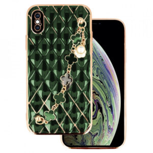 Husa telefon, Compatibila cu Apple iPhone X / XS, GoldChain Style Deluxe, Protectie la camere, Lant incorporat, Design trendy, Accente aurii, Verde