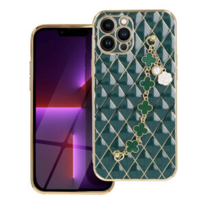 Husa telefon, Compatibila cu Apple iPhone 11 Pro, GoldChain Style Deluxe, Protectie la camere, Lant incorporat, Design trendy, Accente aurii, Verde