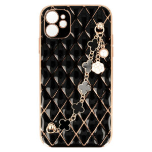 Husa telefon, Compatibila cu Apple iPhone 12, GoldChain Style Deluxe, Protectie la camere, Lant incorporat, Design trendy, Accente aurii, Negru