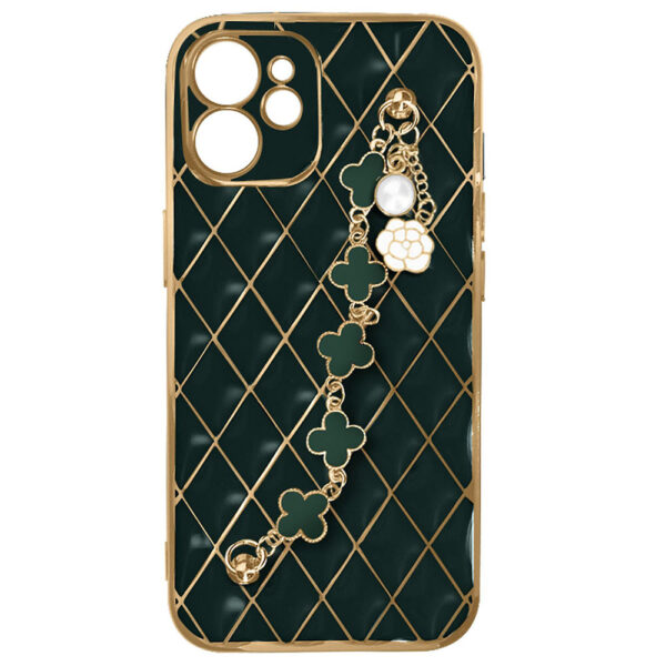 Husa telefon, Compatibila cu Apple iPhone 12, GoldChain Style Deluxe, Protectie la camere, Lant incorporat, Design trendy, Accente aurii, Verde