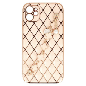 Husa telefon, Compatibila cu Apple iPhone 12, GoldChain Style Deluxe, Protectie la camere, Lant incorporat, Design trendy, Accente aurii, Roz