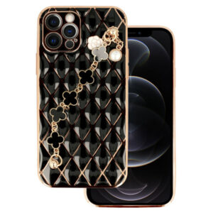 Husa telefon, Compatibila cu Apple iPhone 12 Pro, GoldChain Style Deluxe, Protectie la camere, Lant incorporat, Design trendy, Accente aurii, Negru