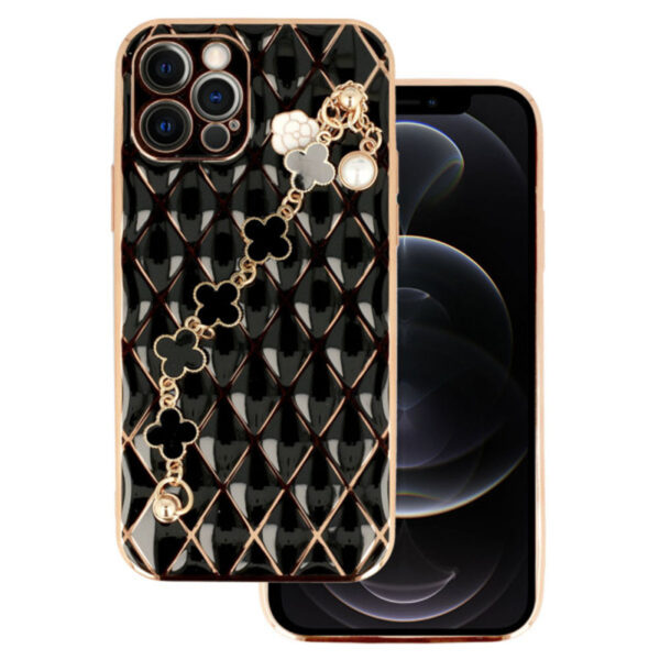 Husa telefon, Compatibila cu Apple iPhone 12 Pro, GoldChain Style Deluxe, Protectie la camere, Lant incorporat, Design trendy, Accente aurii, Negru