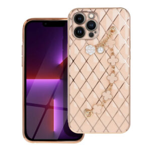 Husa telefon, Compatibila cu Apple iPhone 12 Pro, GoldChain Style Deluxe, Protectie la camere, Lant incorporat, Design trendy, Accente aurii, Roz