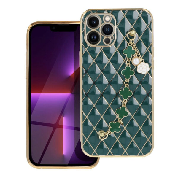 Husa telefon, Compatibila cu Apple iPhone 12 Pro Max, GoldChain Style Deluxe, Protectie la camere, Lant incorporat, Design trendy, Accente aurii, Verde