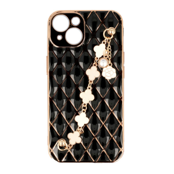 Husa telefon, Compatibila cu Apple iPhone 14, GoldChain Style Deluxe, Protectie la camere, Lant incorporat, Design trendy, Accente aurii, Negru