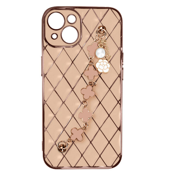 Husa telefon, Compatibila cu Apple iPhone 14, GoldChain Style Deluxe, Protectie la camere, Lant incorporat, Design trendy, Accente aurii, Roz