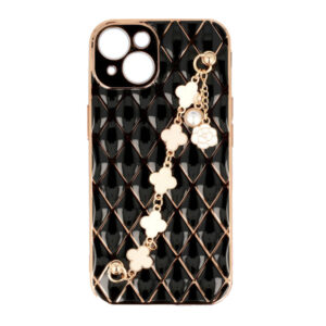 Husa telefon, Compatibila cu Apple iPhone 14 Plus, GoldChain Style Deluxe, Protectie la camere, Lant incorporat, Design trendy, Accente aurii, Negru