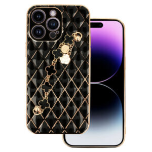 Husa telefon, Compatibila cu Apple iPhone 14 Pro, GoldChain Style Deluxe, Protectie la camere, Lant incorporat, Design trendy, Accente aurii, Negru