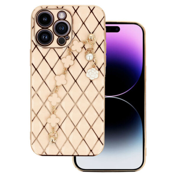 Husa telefon, Compatibila cu Apple iPhone 14 Pro, GoldChain Style Deluxe, Protectie la camere, Lant incorporat, Design trendy, Accente aurii, Roz