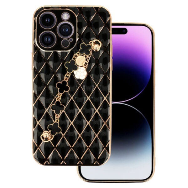 Husa telefon, Compatibila cu Apple iPhone 14 Pro Max, GoldChain Style Deluxe, Protectie la camere, Lant incorporat, Design trendy, Accente aurii, Negru