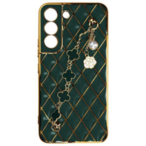 Husa telefon, Compatibila cu Samsung Galaxy S22, GoldChain Style Deluxe, Protectie la camere, Lant incorporat, Design trendy, Accente aurii, Verde