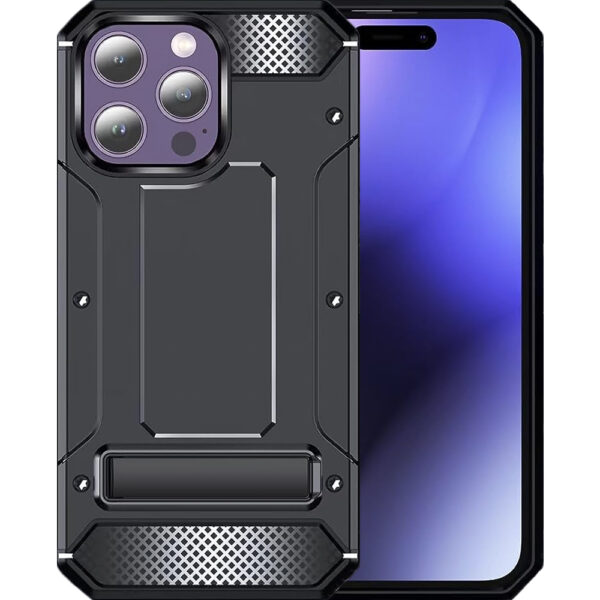 Husa Armor Upgraded compatibila cu Apple iPhone 14 Pro, Ultimate Protection, Anti-soc, Sustinere ferma in mana, Margini ridicate, Rezistenta crescuta la impact, Functie stand, Negru