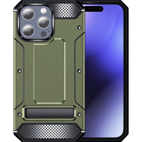 Husa Armor Upgraded compatibila cu Apple iPhone 15 Pro, Ultimate Protection, Anti-soc, Sustinere ferma in mana, Margini ridicate, Rezistenta crescuta la impact, Functie stand, Verde