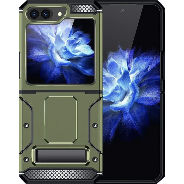 Husa Armor Upgraded compatibila cu Samsung Galaxy Z Flip 5, Ultimate Protection, Anti-soc, Sustinere ferma in mana, Margini ridicate, Rezistenta crescuta la impact, Functie stand, Verde