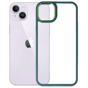 Husa Clear Back compatibila cu Apple iPhone 14 Plus, Spate tare din policarbonat, Margini TPU, Rama metalica camera foto, Margini ridicate, Protectie Anti-Soc, Verde inchis/Transparent