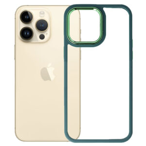 Husa Clear Back compatibila cu Apple iPhone 14 Pro Max, Spate tare din policarbonat, Margini TPU, Rama metalica camera foto, Margini ridicate, Protectie Anti-Soc, Verde inchis/Transparent