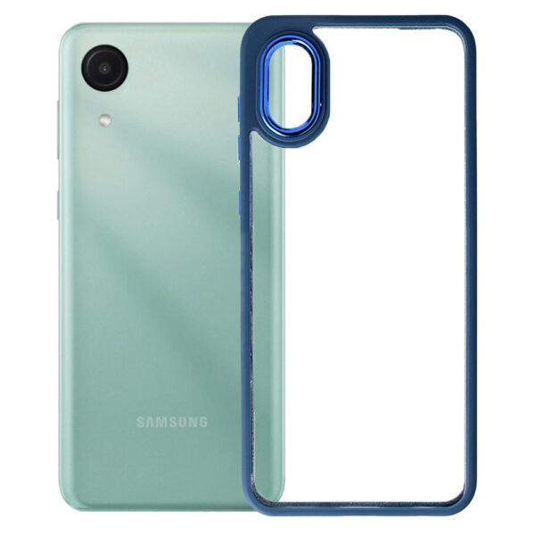 Husa Clear Back compatibila cu Samsung Galaxy A03 Core, Spate tare din policarbonat, Margini TPU, Rama metalica camera foto, Margini ridicate, Protectie Anti-Soc, Albastru/Transparent