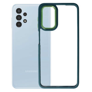 Husa Clear Back compatibila cu Samsung Galaxy A13 4G, Spate tare din policarbonat, Margini TPU, Rama metalica camera foto, Margini ridicate, Protectie Anti-Soc, Verde inchis/Transparent