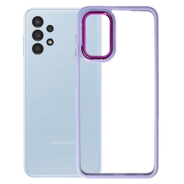 Husa Clear Back compatibila cu Samsung Galaxy A13 4G, Spate tare din policarbonat, Margini TPU, Rama metalica camera foto, Margini ridicate, Protectie Anti-Soc, Lila/Transparent