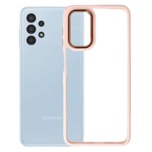 Husa Clear Back compatibila cu Samsung Galaxy A13 4G, Spate tare din policarbonat, Margini TPU, Rama metalica camera foto, Margini ridicate, Protectie Anti-Soc, Roz/Transparent