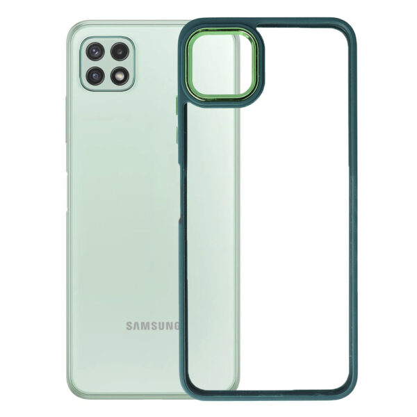 Husa Clear Back compatibila cu Samsung Galaxy A22 5G, Spate tare din policarbonat, Margini TPU, Rama metalica camera foto, Margini ridicate, Protectie Anti-Soc, Verde inchis/Transparent