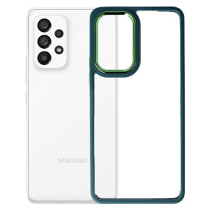 Husa Clear Back compatibila cu Samsung Galaxy A53 5G, Spate tare din policarbonat, Margini TPU, Rama metalica camera foto, Margini ridicate, Protectie Anti-Soc, Verde inchis/Transparent