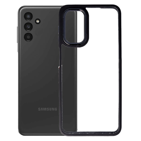 Husa Clear Back compatibila cu Samsung Galaxy A04s, Spate tare din policarbonat, Margini TPU, Rama metalica camera foto, Margini ridicate, Protectie Anti-Soc, Negru/Transparent