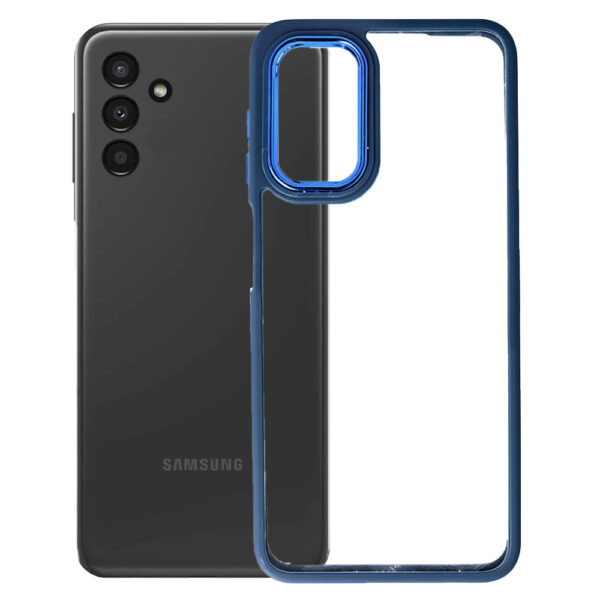 Husa Clear Back compatibila cu Samsung Galaxy A04s, Spate tare din policarbonat, Margini TPU, Rama metalica camera foto, Margini ridicate, Protectie Anti-Soc, Albastru/Transparent