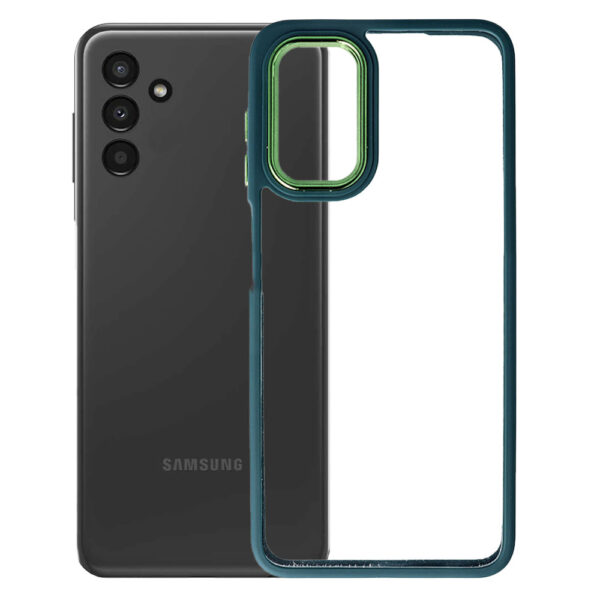 Husa Clear Back compatibila cu Samsung Galaxy A04s, Spate tare din policarbonat, Margini TPU, Rama metalica camera foto, Margini ridicate, Protectie Anti-Soc, Verde inchis/Transparent