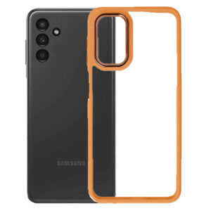 Husa Clear Back compatibila cu Samsung Galaxy A04s, Spate tare din policarbonat, Margini TPU, Rama metalica camera foto, Margini ridicate, Protectie Anti-Soc, Portocaliu/Transparent